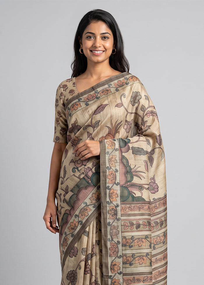 Cream Cotton Saree With Blouse Piece