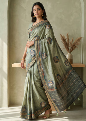 Green Tussar Silk Saree With Blouse Piece