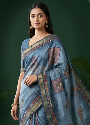 Blue Tussar Silk Saree With Blouse Piece