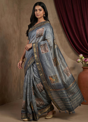 Grey Tussar Silk Saree With Blouse Piece