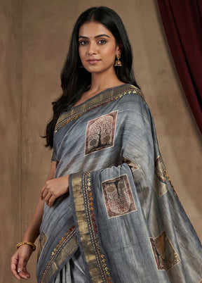 Grey Tussar Silk Saree With Blouse Piece