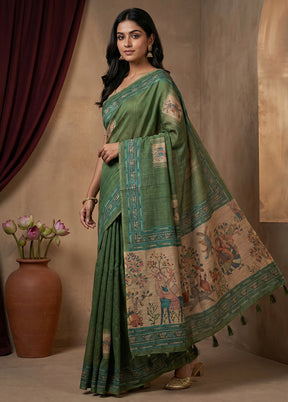 Green Cotton Saree With Blouse Piece