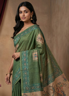 Green Cotton Saree With Blouse Piece