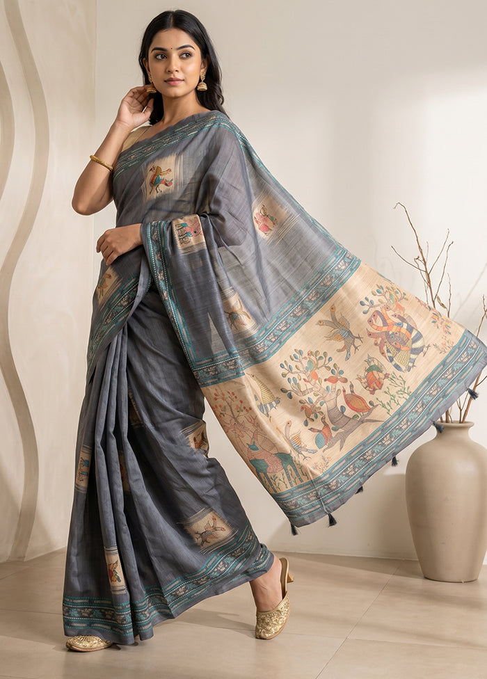 Grey Cotton Saree With Blouse Piece