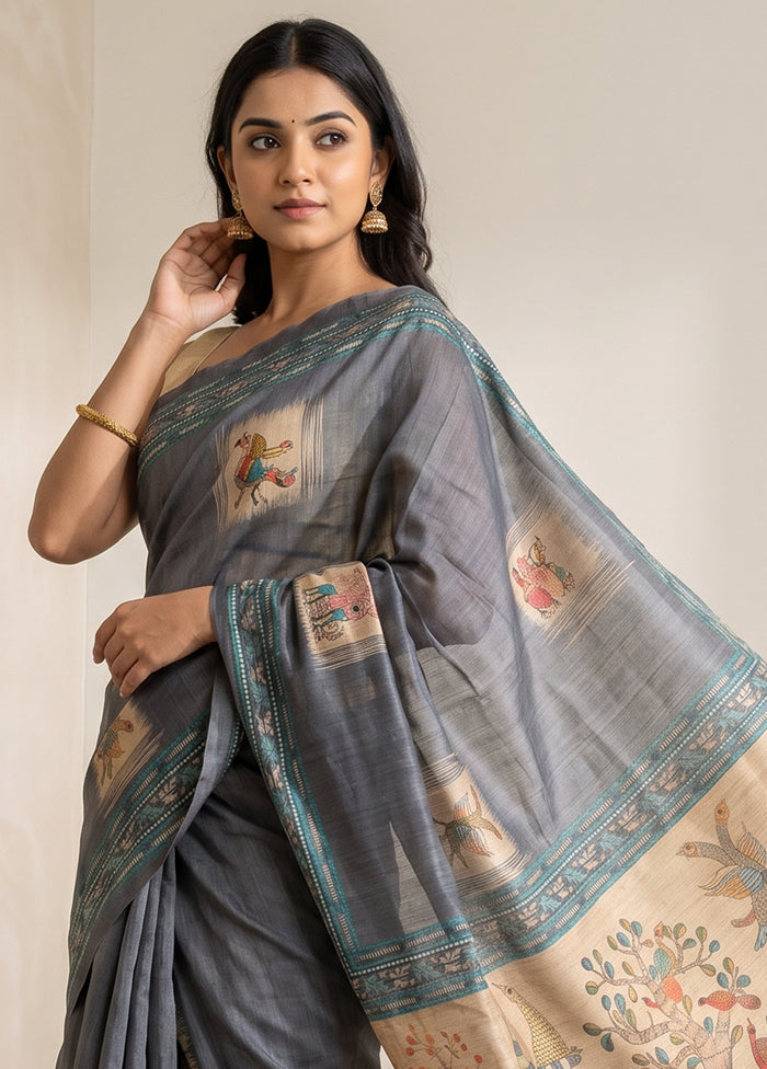 Grey Cotton Saree With Blouse Piece