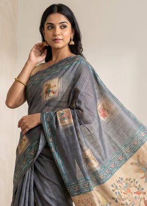 Grey Cotton Saree With Blouse Piece