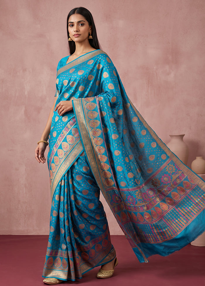 Blue Printed Pure Silk Saree Without Blouse Piece