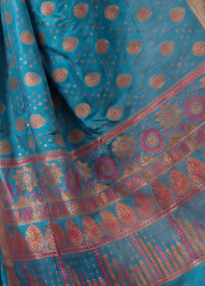 Blue Printed Pure Silk Saree Without Blouse Piece