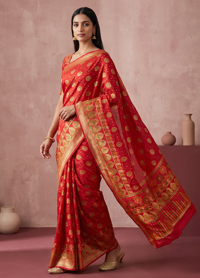 Red Printed Pure Silk Saree Without Blouse Piece