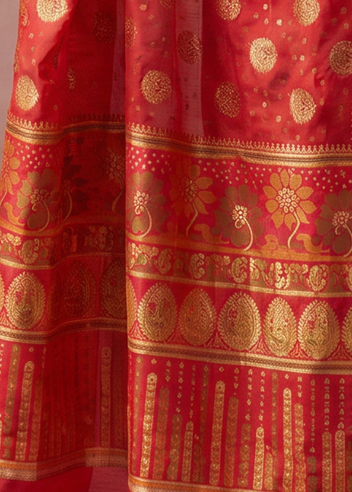 Red Printed Pure Silk Saree Without Blouse Piece