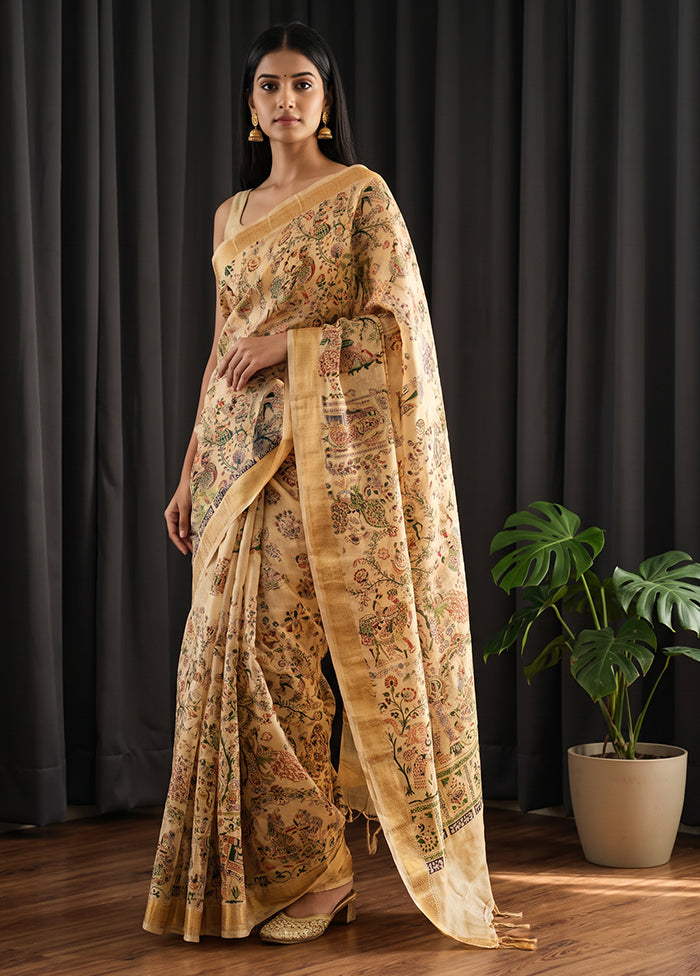 Cream Printed Pure Silk Saree Without Blouse Piece