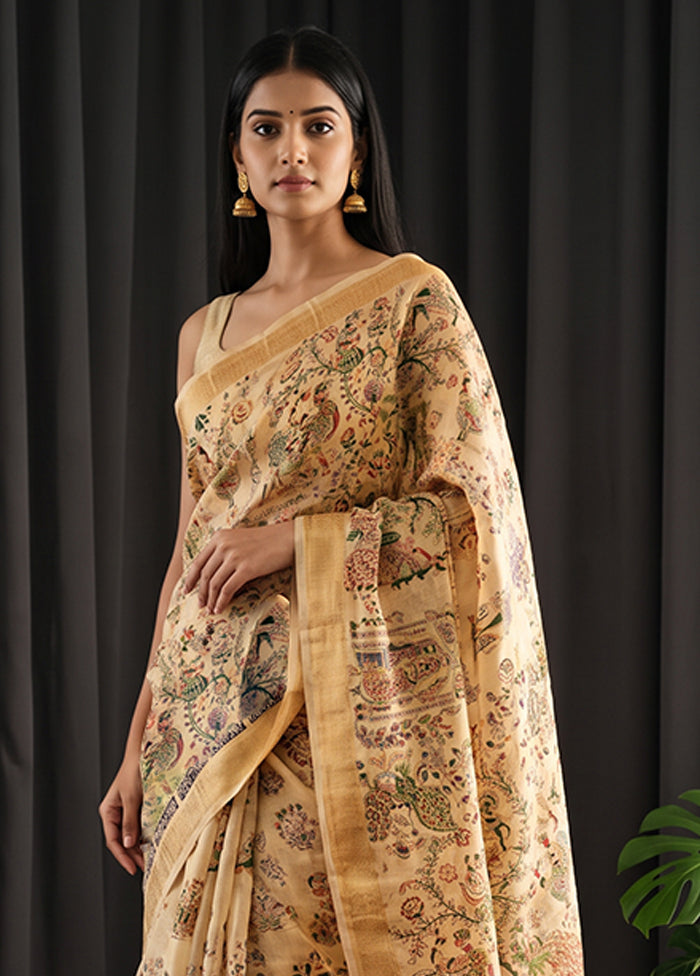 Cream Printed Pure Silk Saree Without Blouse Piece