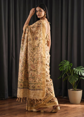 Cream Printed Pure Silk Saree Without Blouse Piece