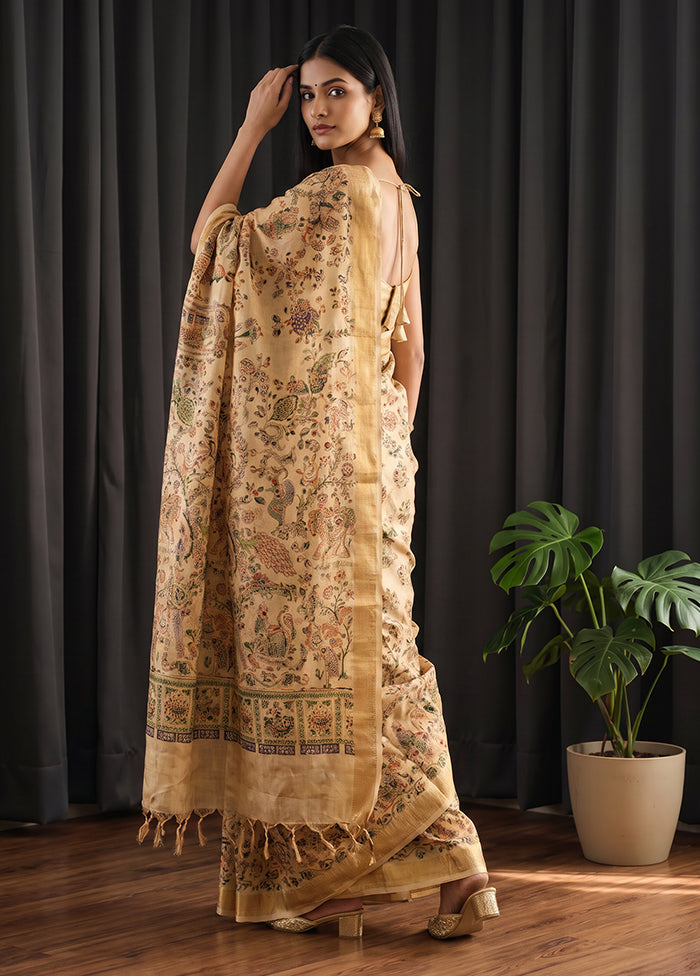 Cream Printed Pure Silk Saree Without Blouse Piece