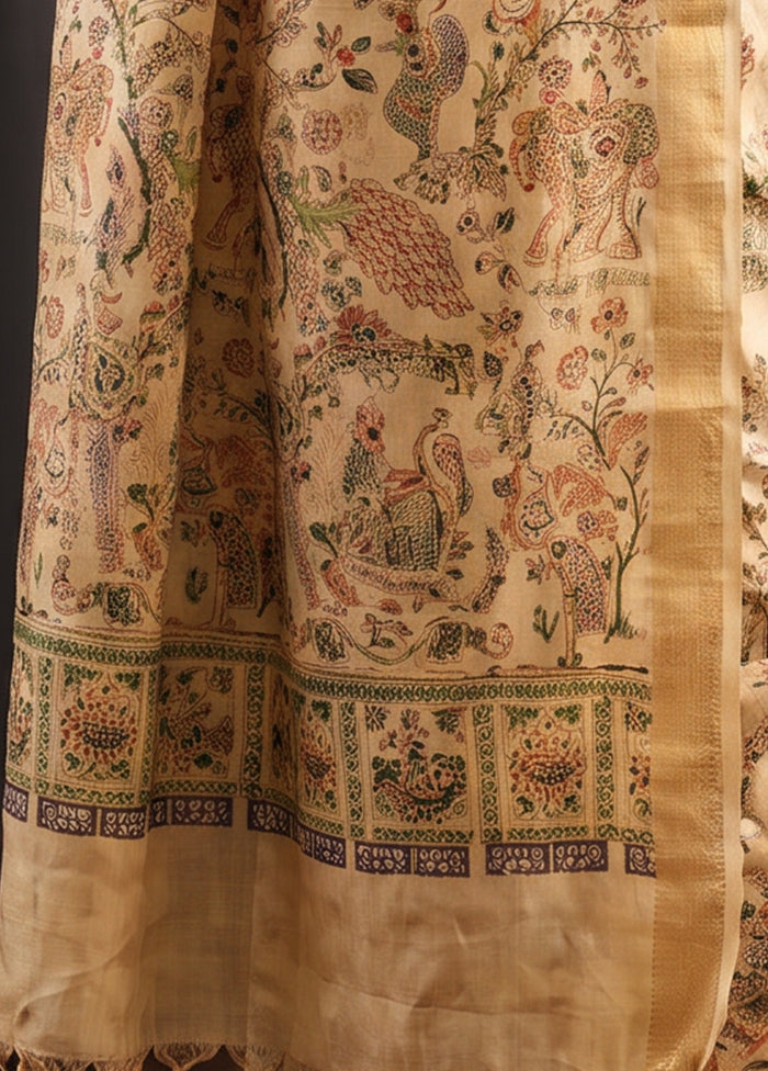 Cream Printed Pure Silk Saree Without Blouse Piece