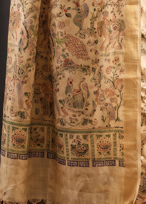 Cream Printed Pure Silk Saree Without Blouse Piece