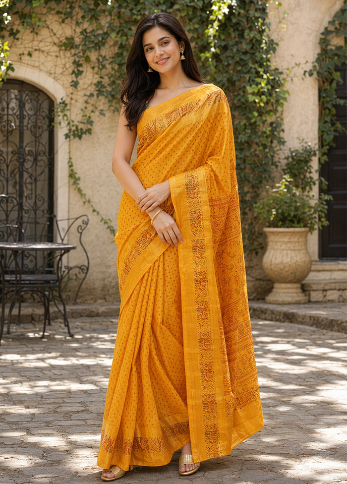 Yellow Printed Pure Silk Saree Without Blouse Piece