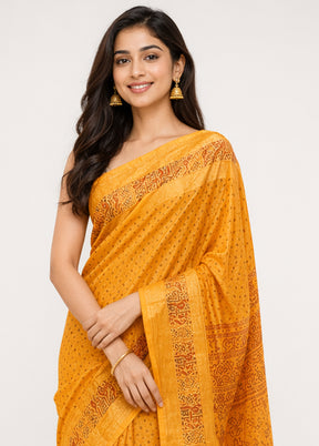 Yellow Printed Pure Silk Saree Without Blouse Piece