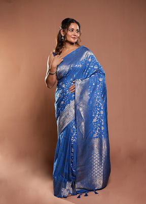 Blue Dupion Silk Saree With Blouse Piece