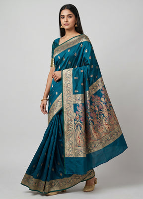 Blue Handloom Banarasi Pure Silk Saree With Blouse Piece