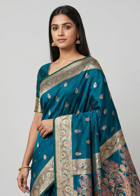 Blue Handloom Banarasi Pure Silk Saree With Blouse Piece