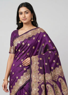 Purple Handloom Banarasi Pure Silk Saree With Blouse Piece