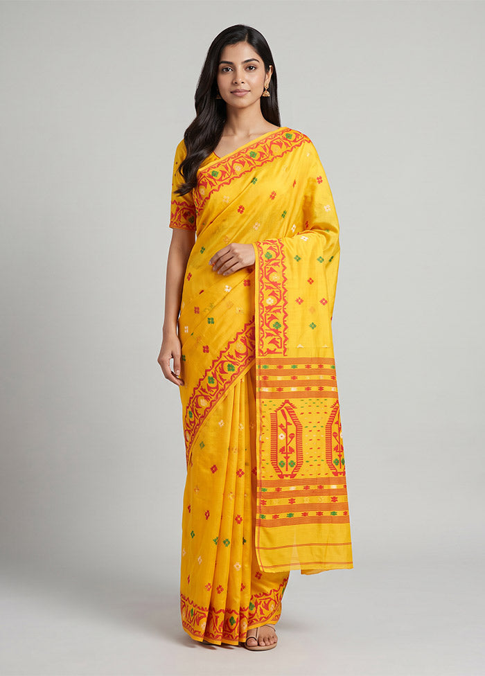 Yellow Jamdani Cotton Saree Without Blouse Piece