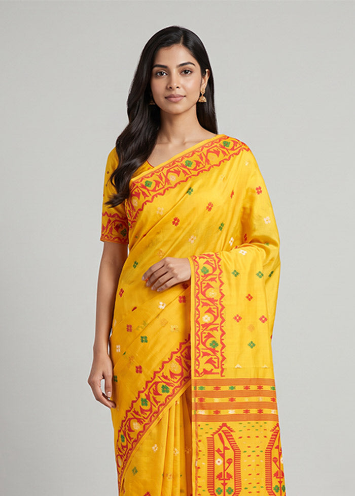 Yellow Jamdani Cotton Saree Without Blouse Piece