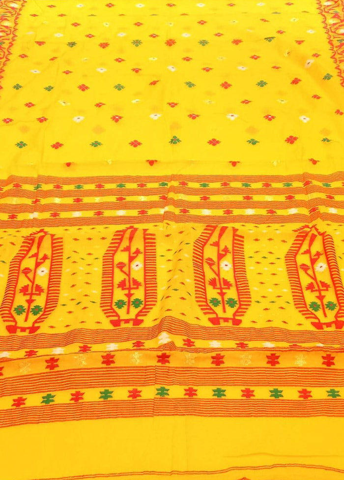 Yellow Jamdani Cotton Saree Without Blouse Piece