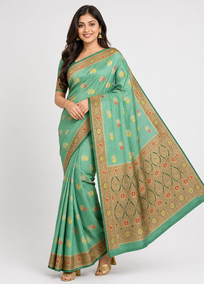 Green Dupion Silk Saree With Blouse Piece