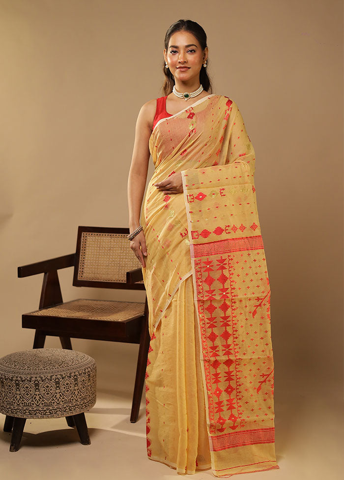 Cream Jamdani Cotton Saree Without Blouse Piece