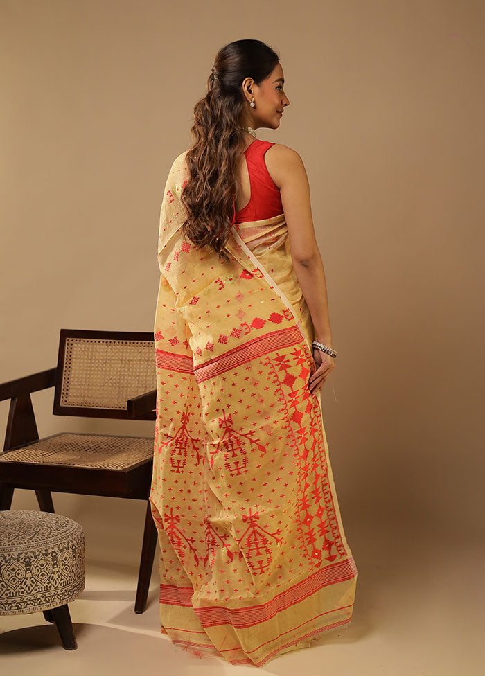 Cream Jamdani Cotton Saree Without Blouse Piece