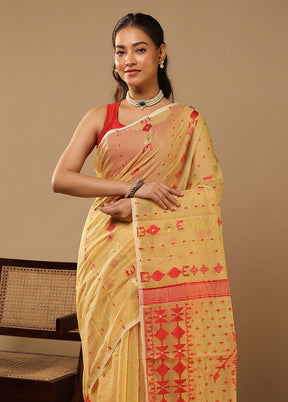 Cream Jamdani Cotton Saree Without Blouse Piece