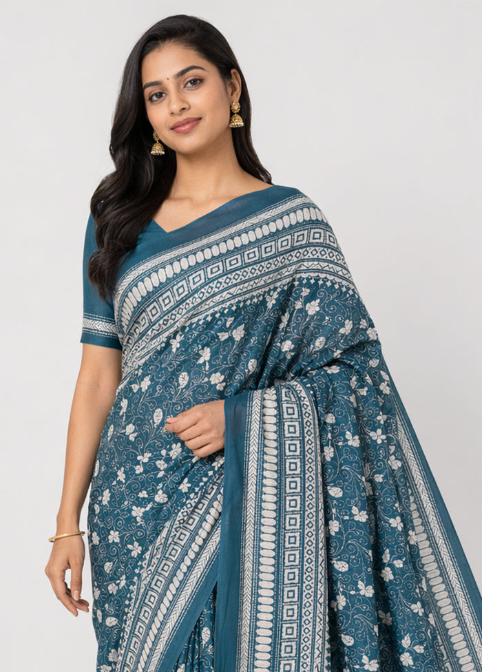 Blue Handloom Kantha Stitch Pure Silk Saree With Blouse Piece