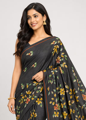 Black Printed Pure Silk Saree Without Blouse Piece
