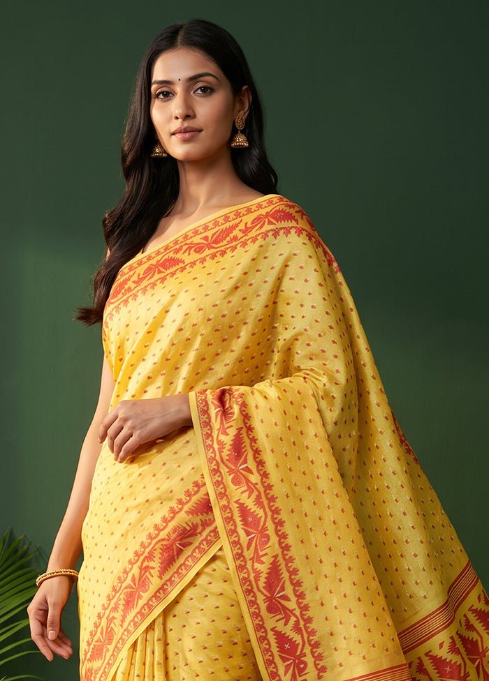 Yellow Jamdani Cotton Saree Without Blouse Piece
