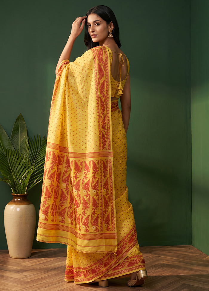 Yellow Jamdani Cotton Saree Without Blouse Piece