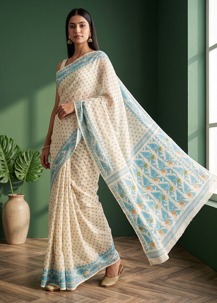 Cream Jamdani Cotton Saree Without Blouse Piece