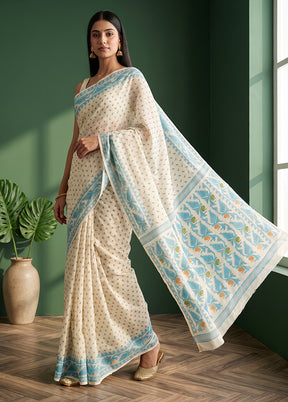 Cream Jamdani Cotton Saree Without Blouse Piece