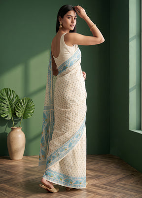 Cream Jamdani Cotton Saree Without Blouse Piece