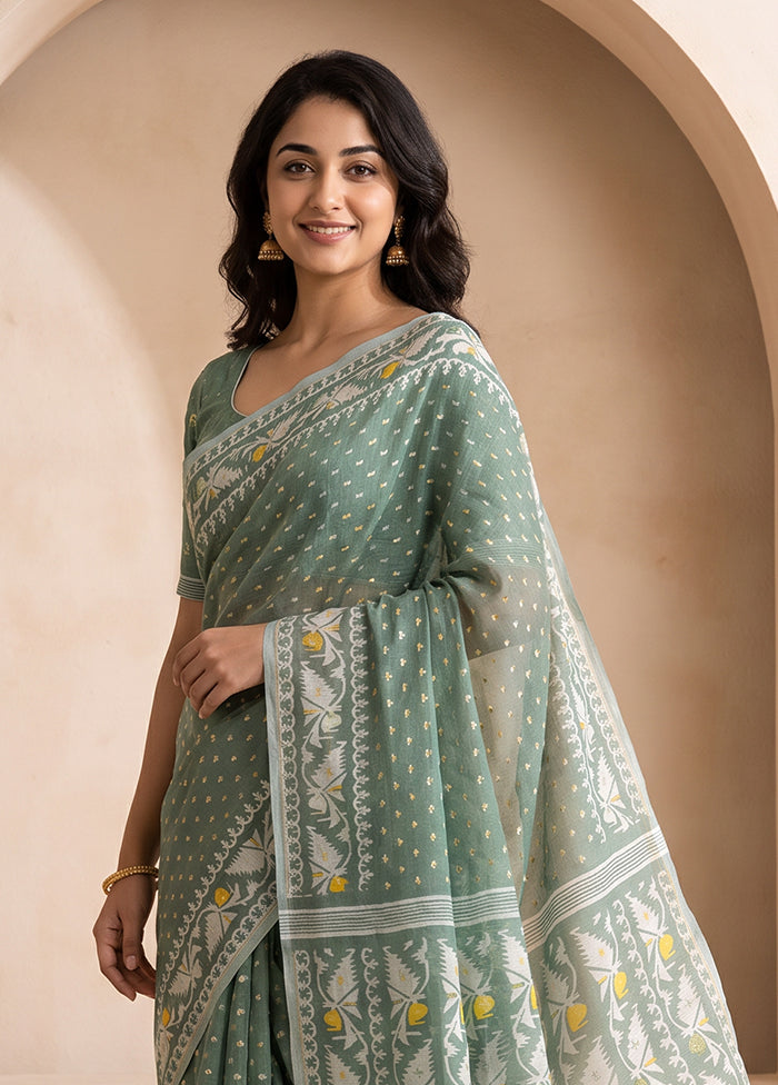 Green Jamdani Cotton Saree Without Blouse Piece