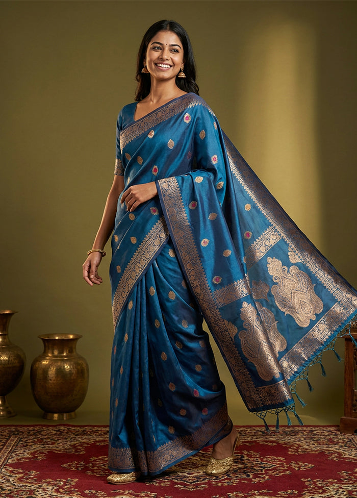 Blue Dupion Silk Saree With Blouse Piece