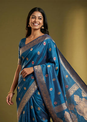 Blue Dupion Silk Saree With Blouse Piece
