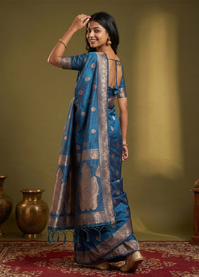 Blue Dupion Silk Saree With Blouse Piece