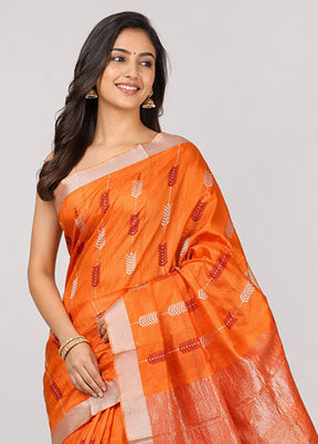 Orange Handloom Chanderi Pure Silk Saree With Blouse Piece