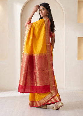 Yellow Handloom Kanjivaram Pure Silk Saree With Blouse Piece
