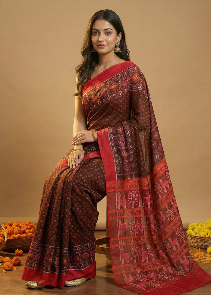 Brown Handloom Bomkai Pure Silk Saree With Blouse Piece