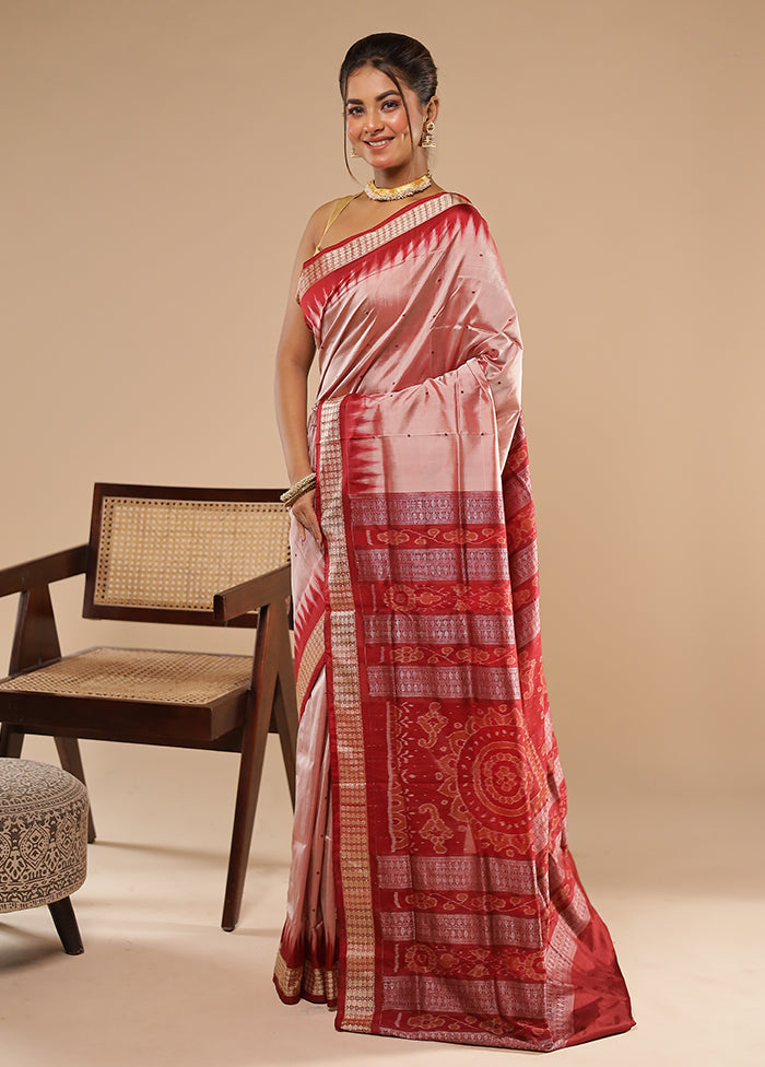 Pink Handloom Bomkai Pure Silk Saree With Blouse Piece