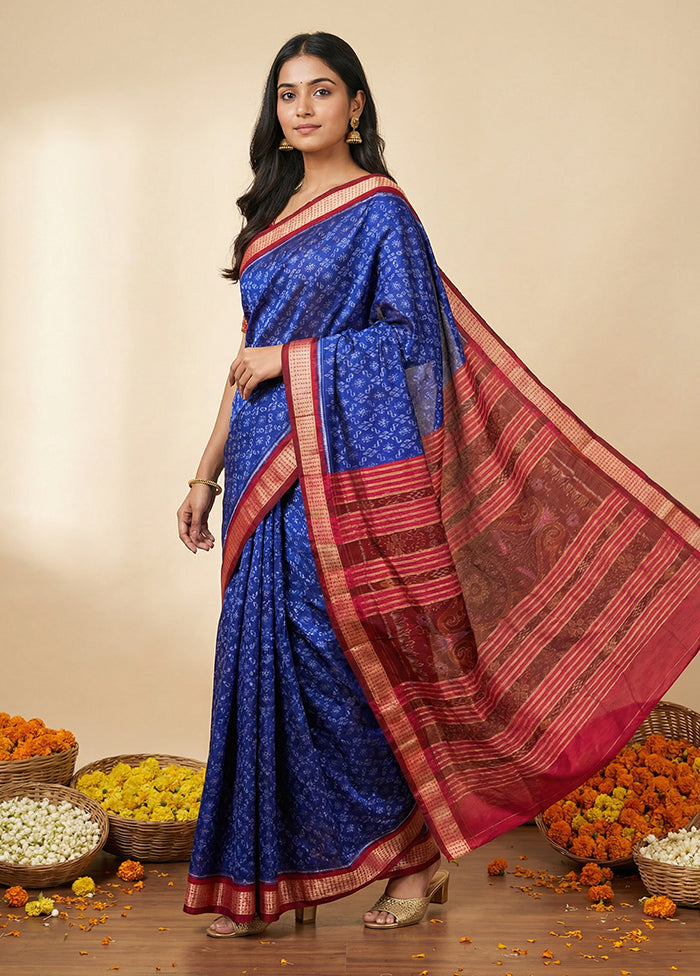 Blue Handloom Bomkai Pure Silk Saree With Blouse Piece