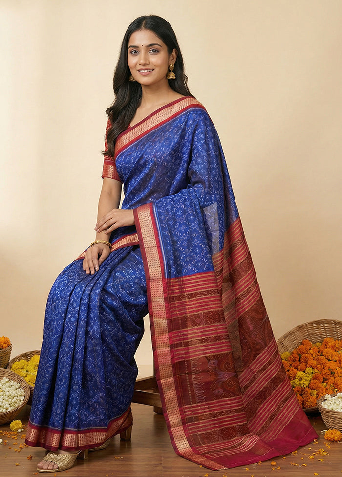 Blue Handloom Bomkai Pure Silk Saree With Blouse Piece